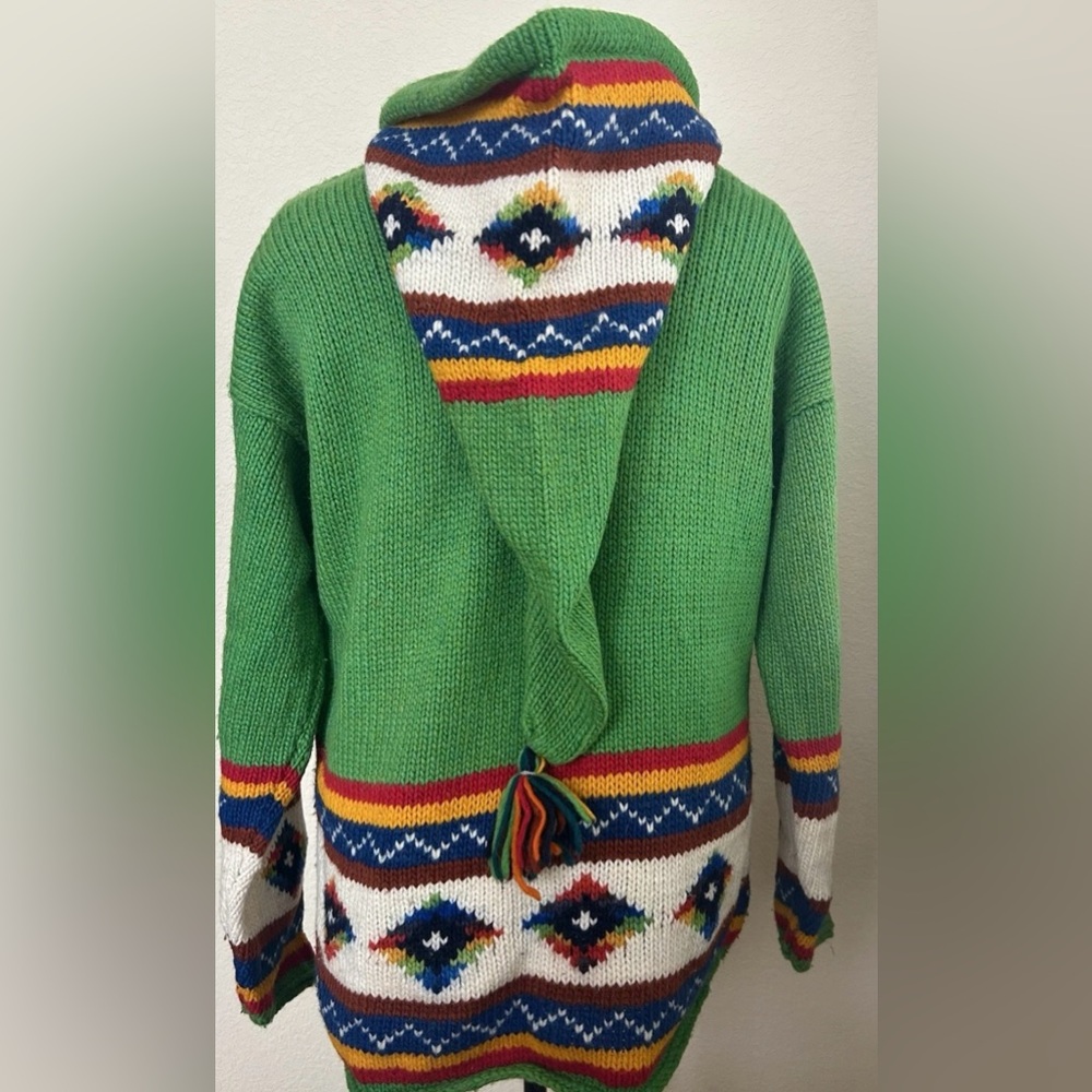 1990s Chunky Green Wool Hand Knit Cardigan Zip Up Large Pointed Hood Equador - Picture 12 of 15